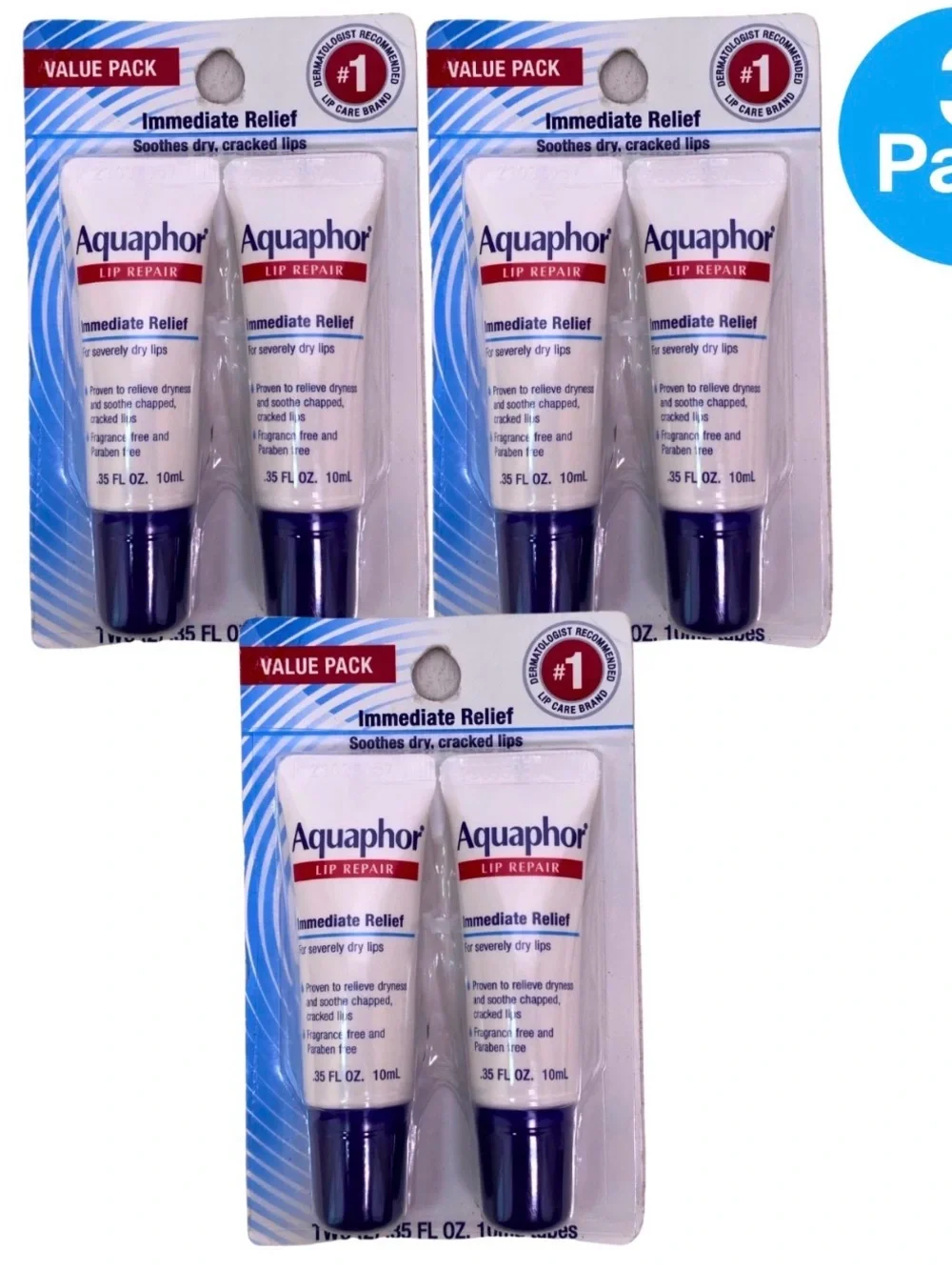 Aquaphor Lip Repair Ointment Immediate Relief Value Pack 0.35 oz Tubes 3 Pack